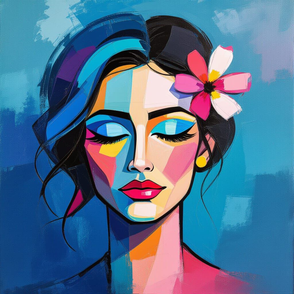 Abstract Acrylic Portrait of Woman with Flower