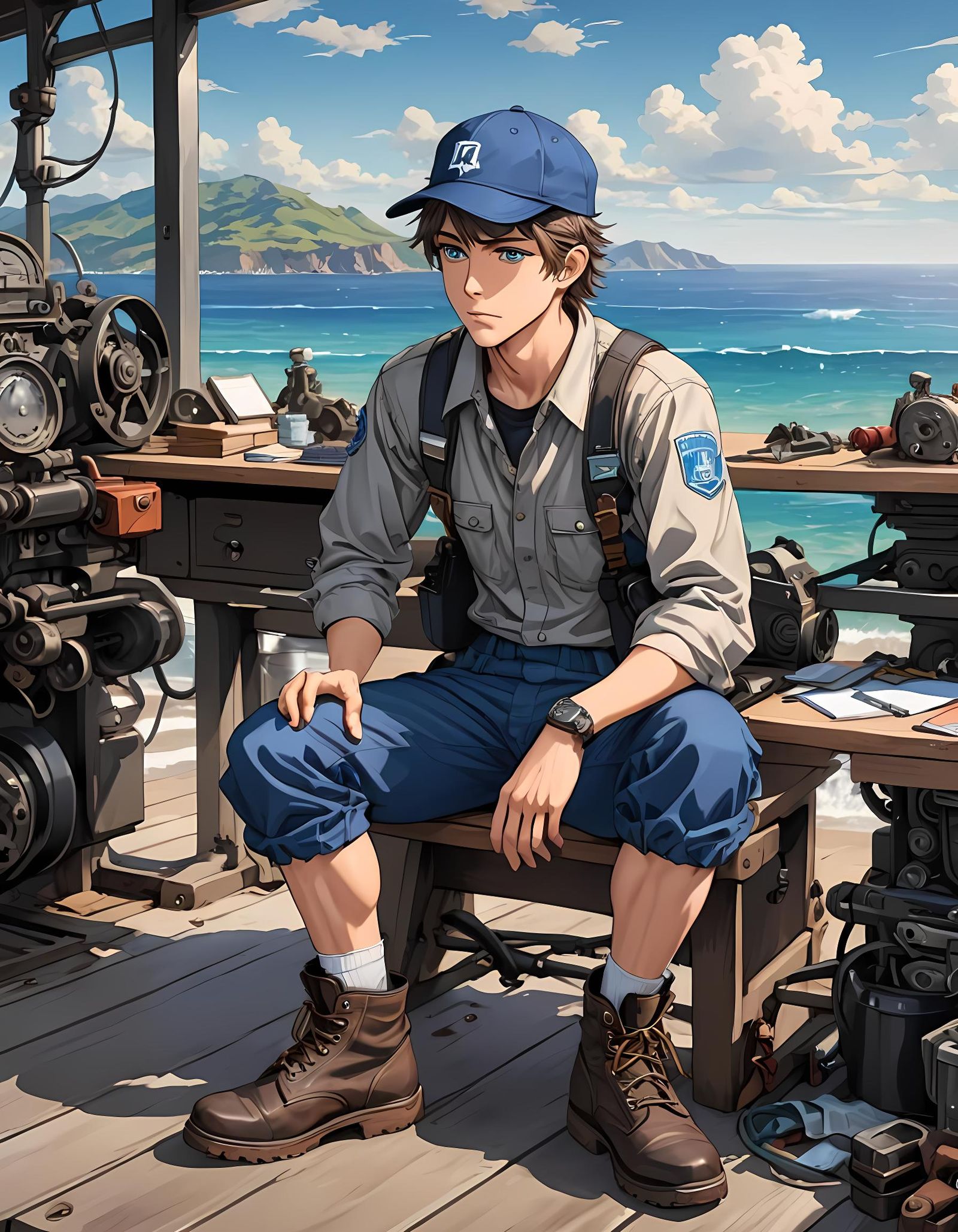 Young Mechanic Gazing at the Coast in Anime Style