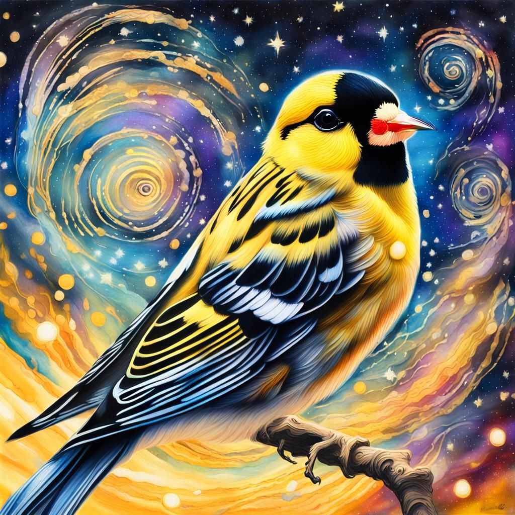 Astral Goldfinch in Cosmic Flight: Visionary Art
