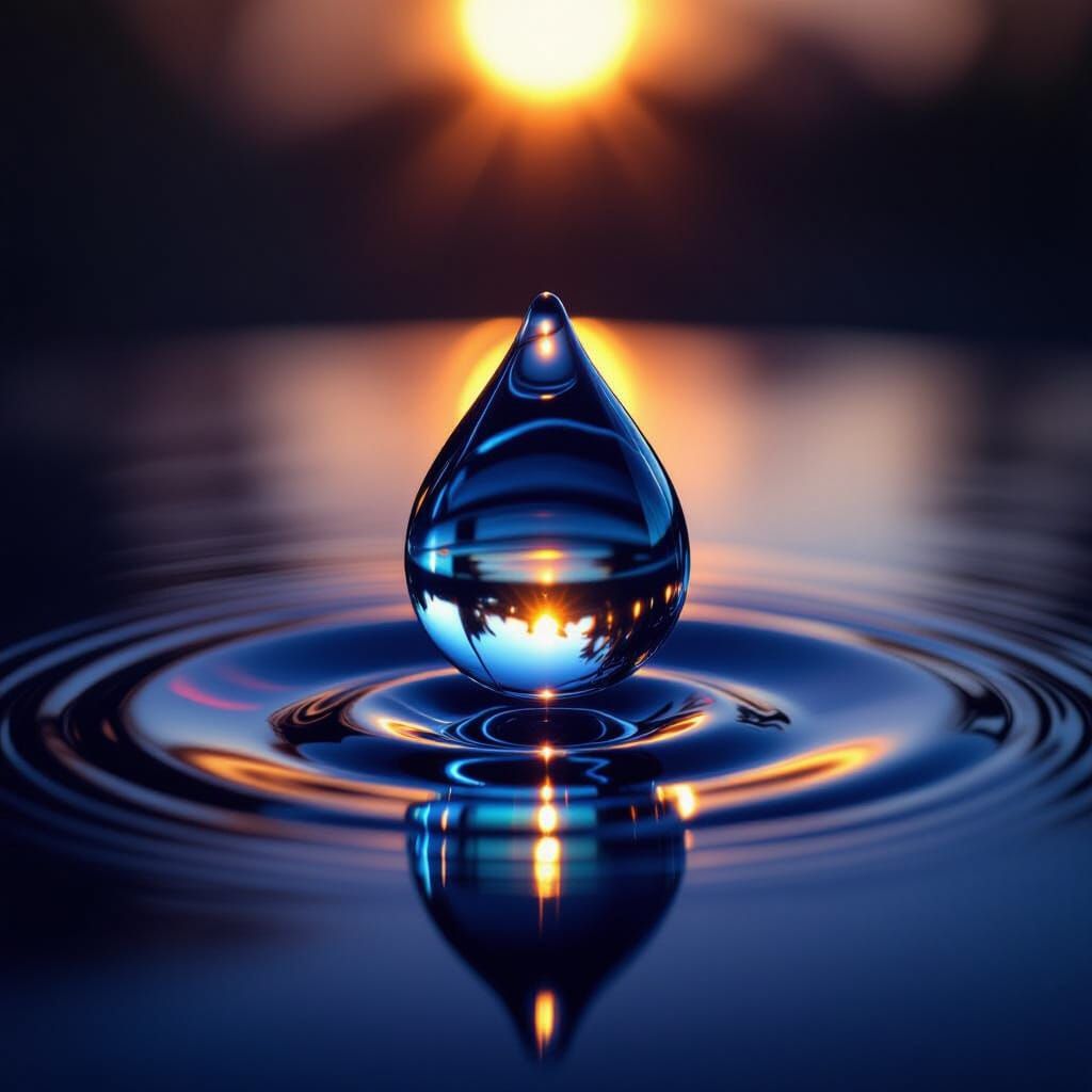 Ethereal Water Drop Reflecting Rainbow in Dark Abyss