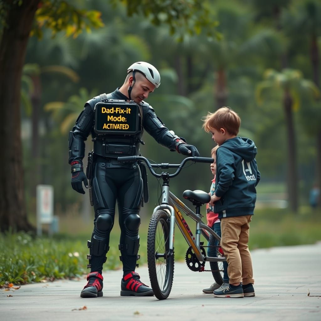 A biopunk dad of the future with a display on his wearable t...