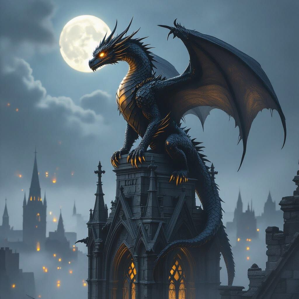 Obsidian Dragon on Gothic Cathedral at Night
