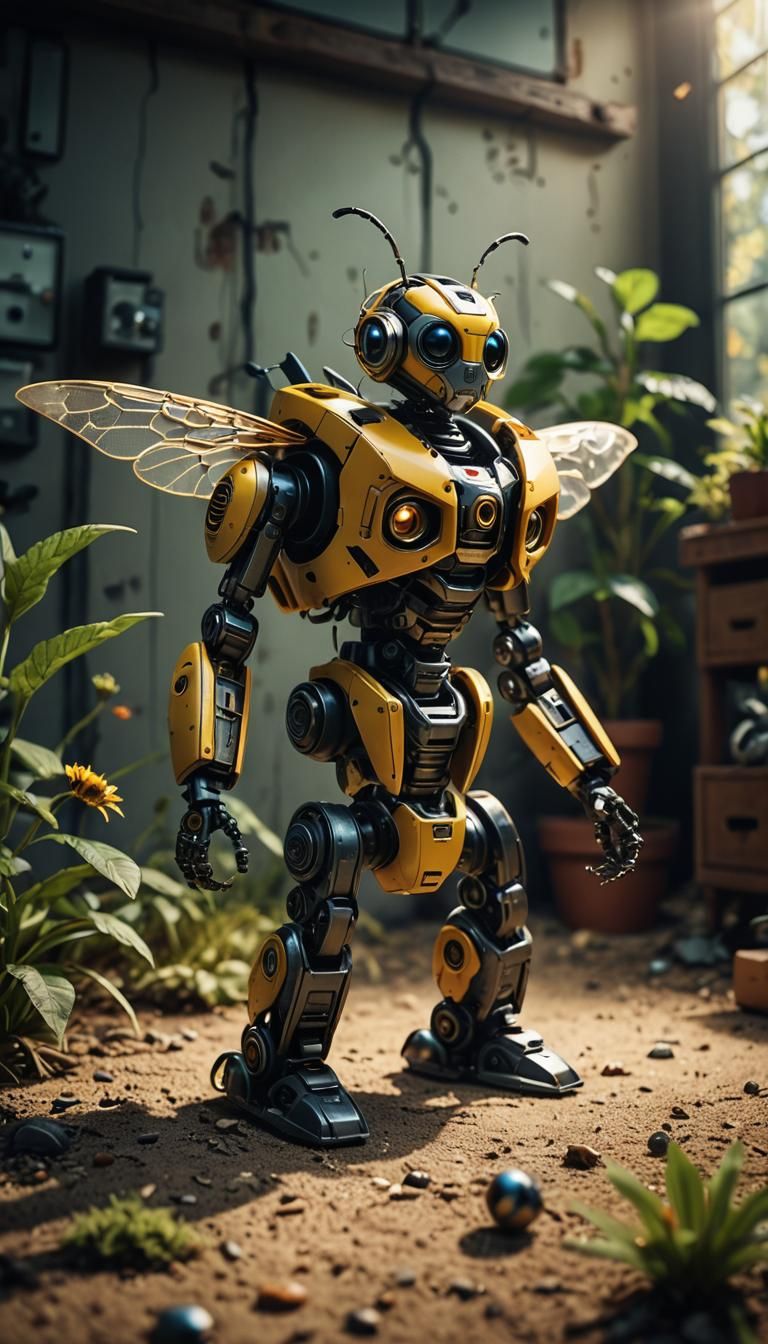 Child Plays with Robot Bee: Cinematic Film Still