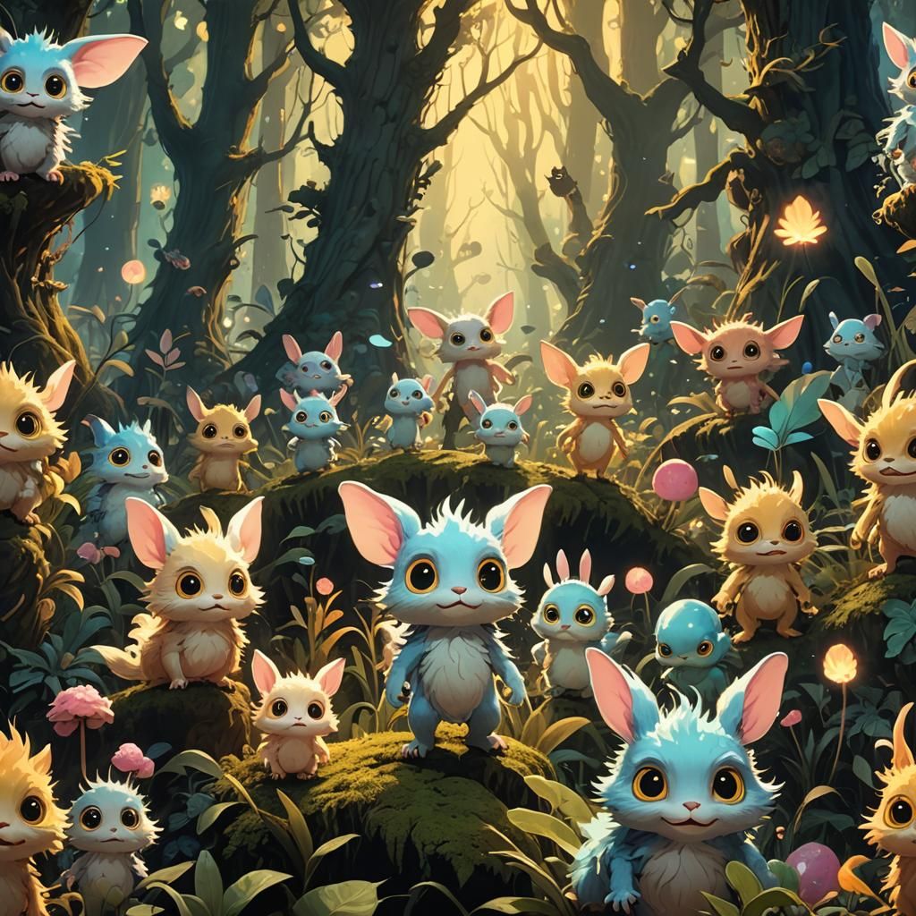 Furry Monster Army in Bioluminescent Forest, Fragonard and M...