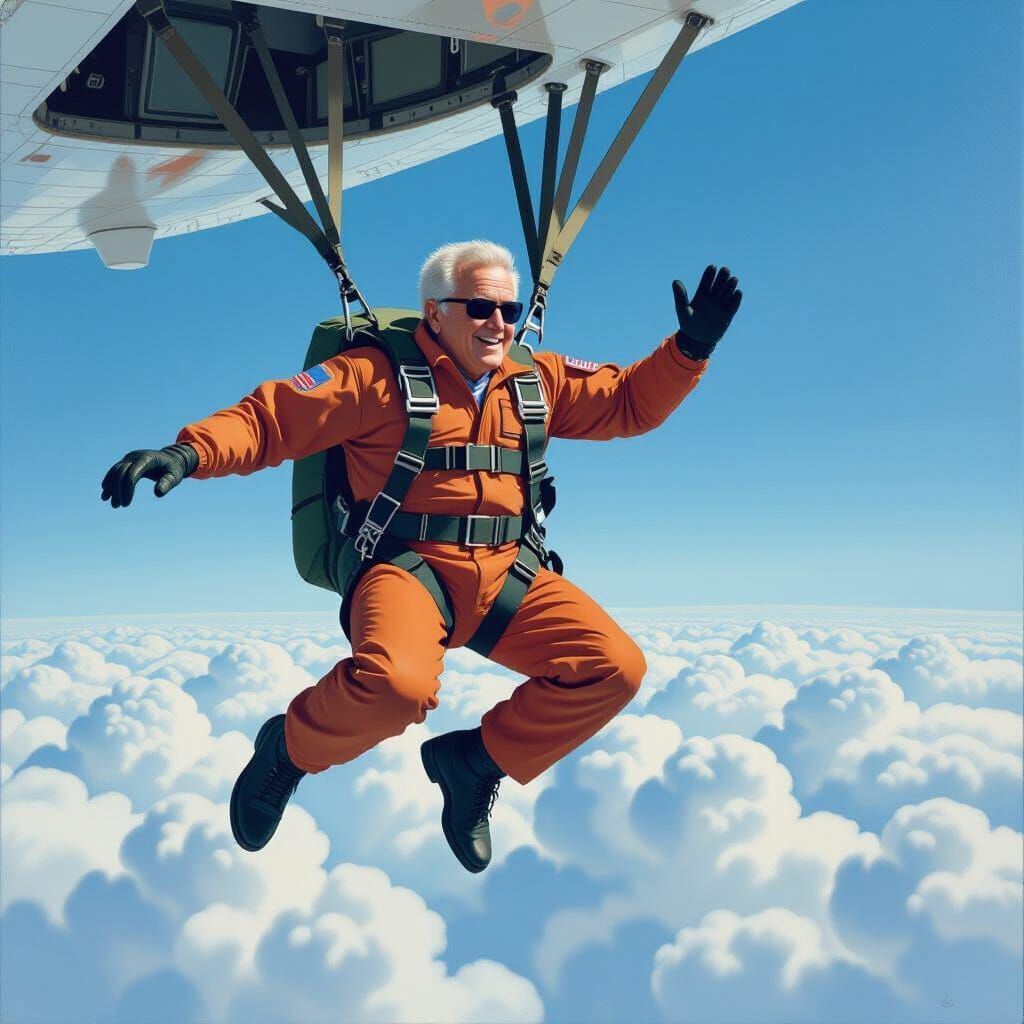 George Bush Skydiving: A Vibrant Gouache Painting