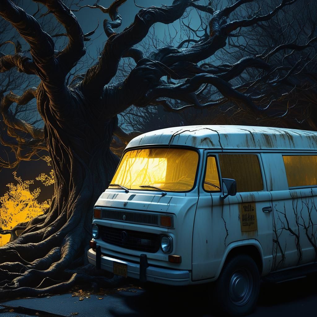 Ominous Van Scene in Dark Fantasy Style