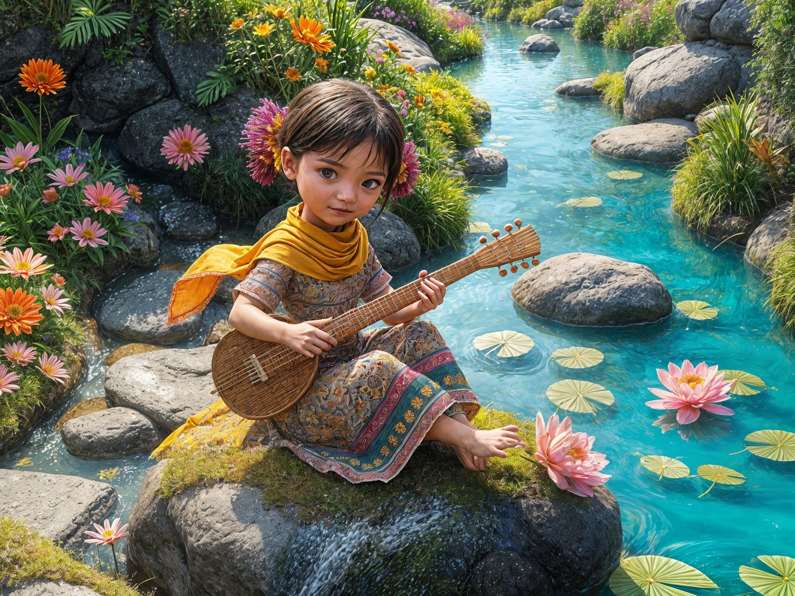 A Young Village Girl Plays the Reed Flute by a Serene Blue S...