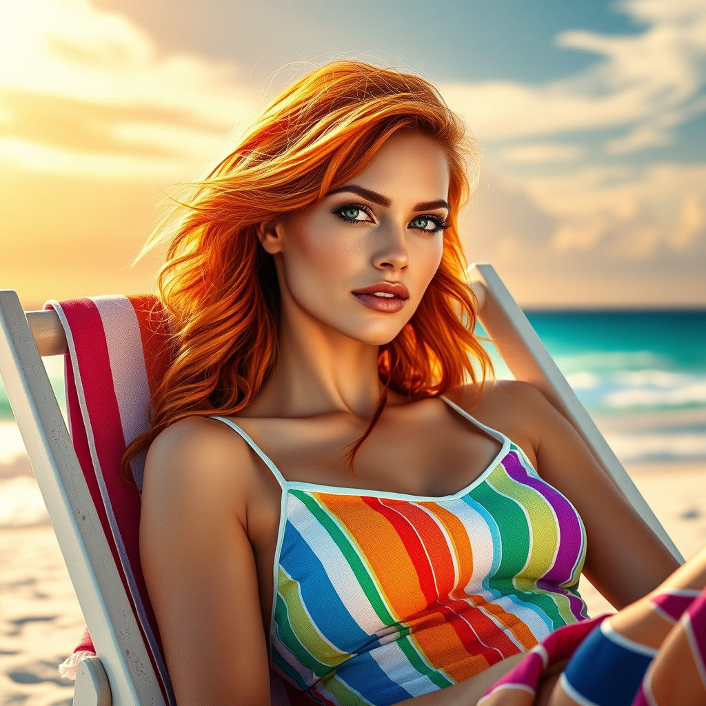Redhead Relaxing on Beach in Hyperrealistic Style