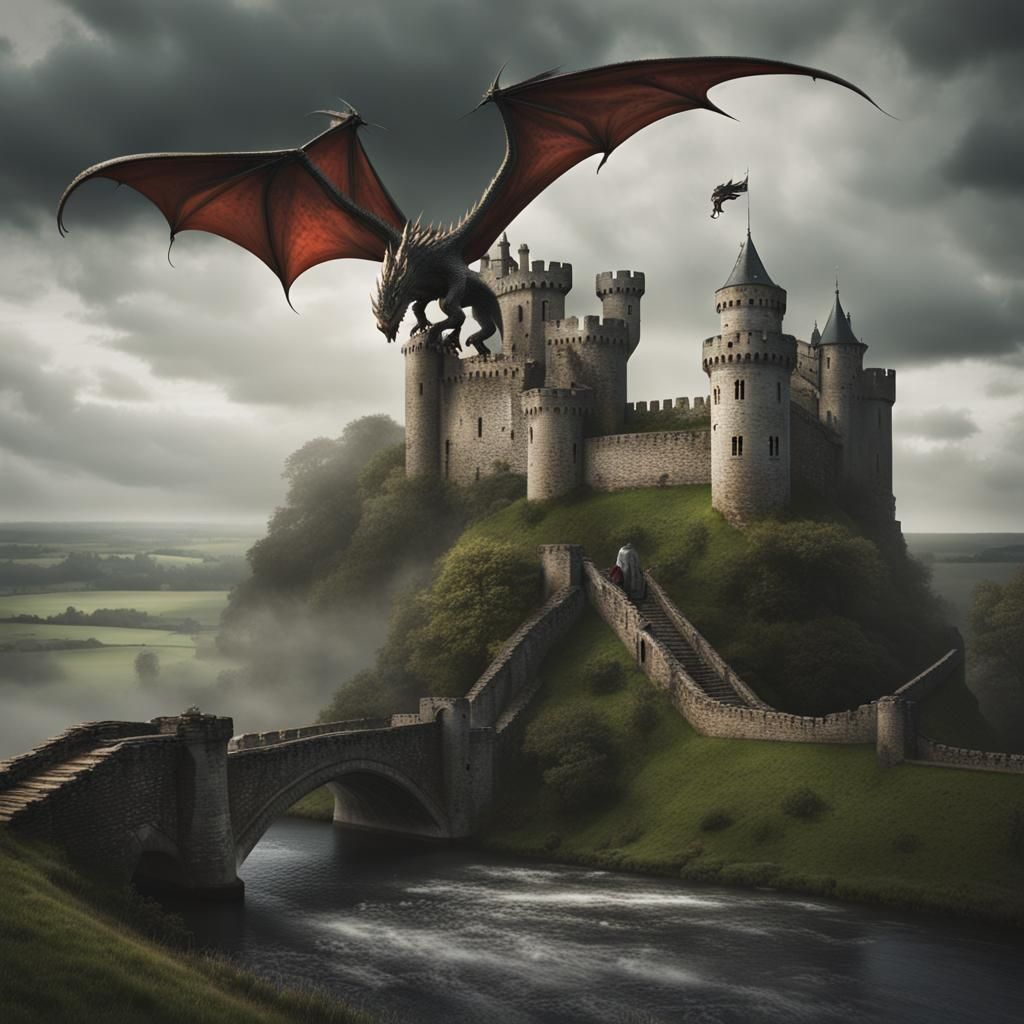 Dragon Attack on Castle in Misty Countryside