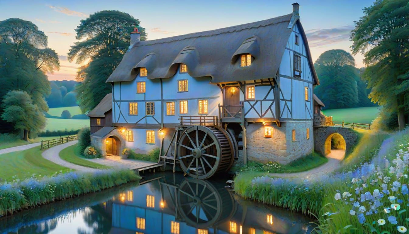 Historic Watermill in Soft Blue Evening Light, in Meticulous...