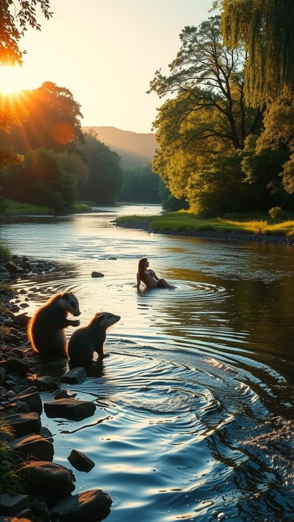 Badgers Watching Sunset Swim in English Countryside