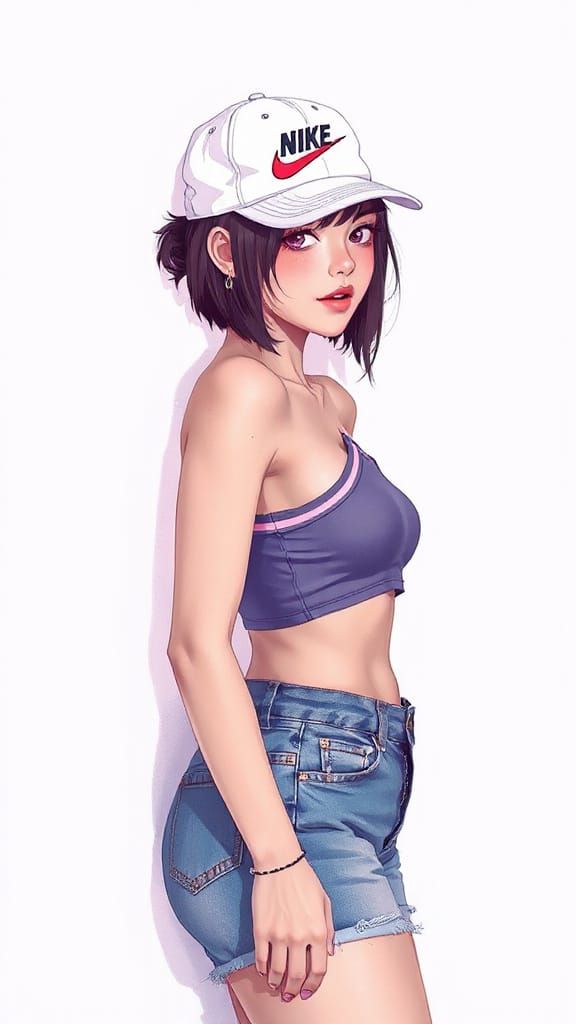 Retro Anime Woman in Snapback: Pastel Violet & Black