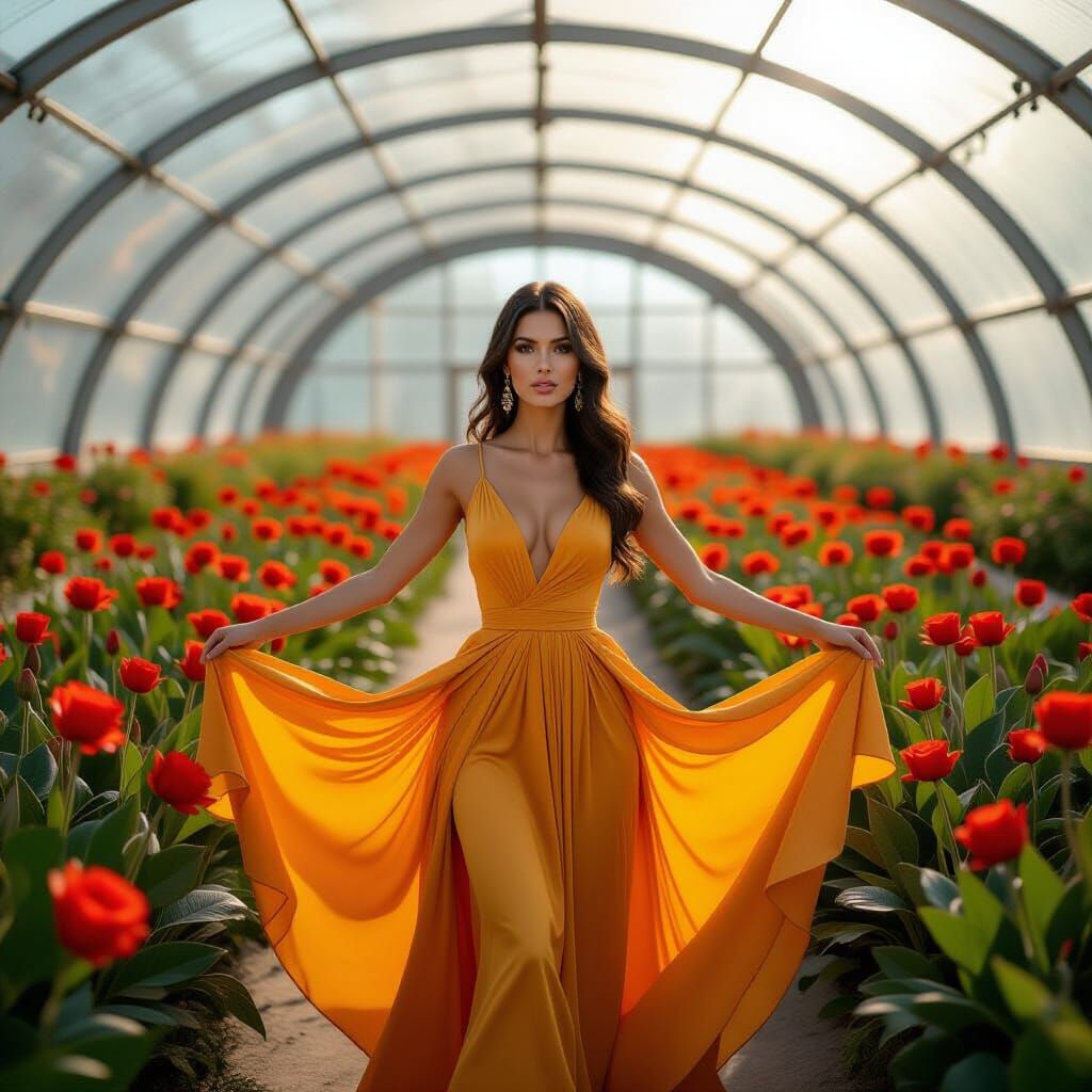 Woman in Golden Dress in Flower-Filled Greenhouse