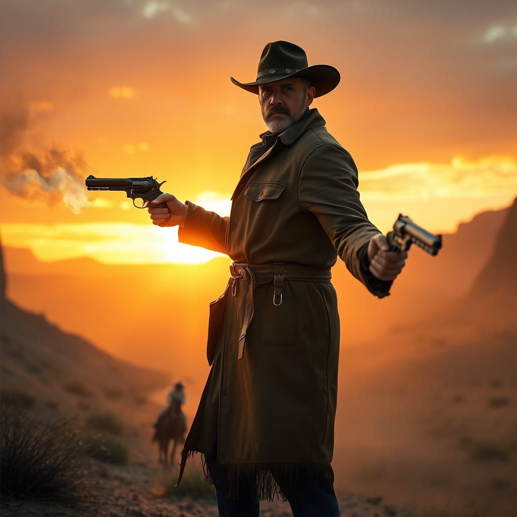 Hyperrealistic Outlaw Gunslinger at Sunset in Canyon
