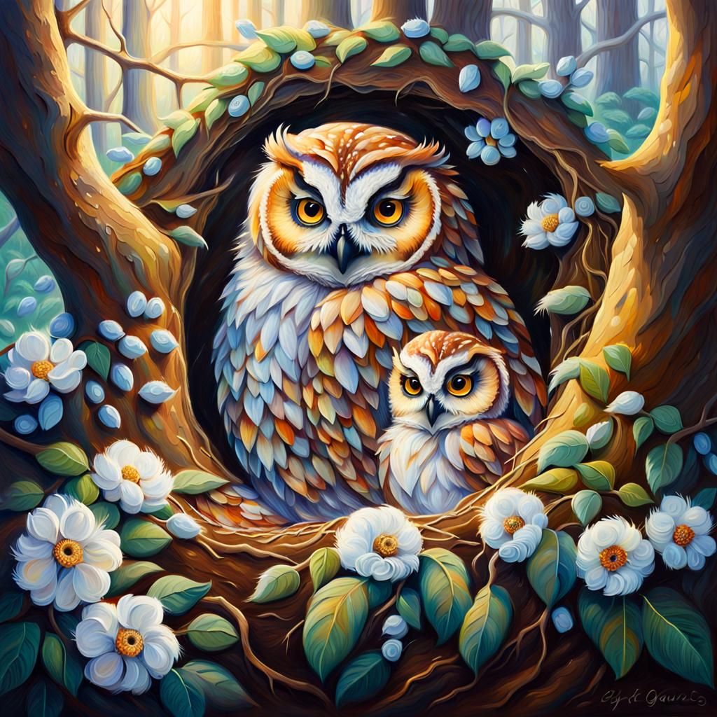 Mother Owl and Babies: An Oil Painting