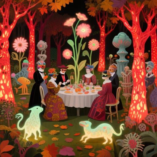 Surreal Garden Party with Bioluminescent Flora