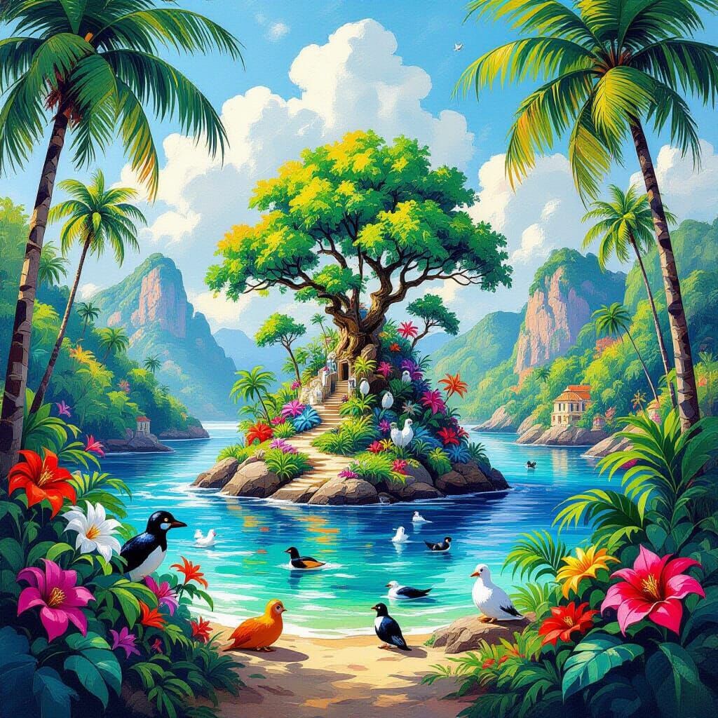 Vibrant Island Paradise In Epic Impressionist Style