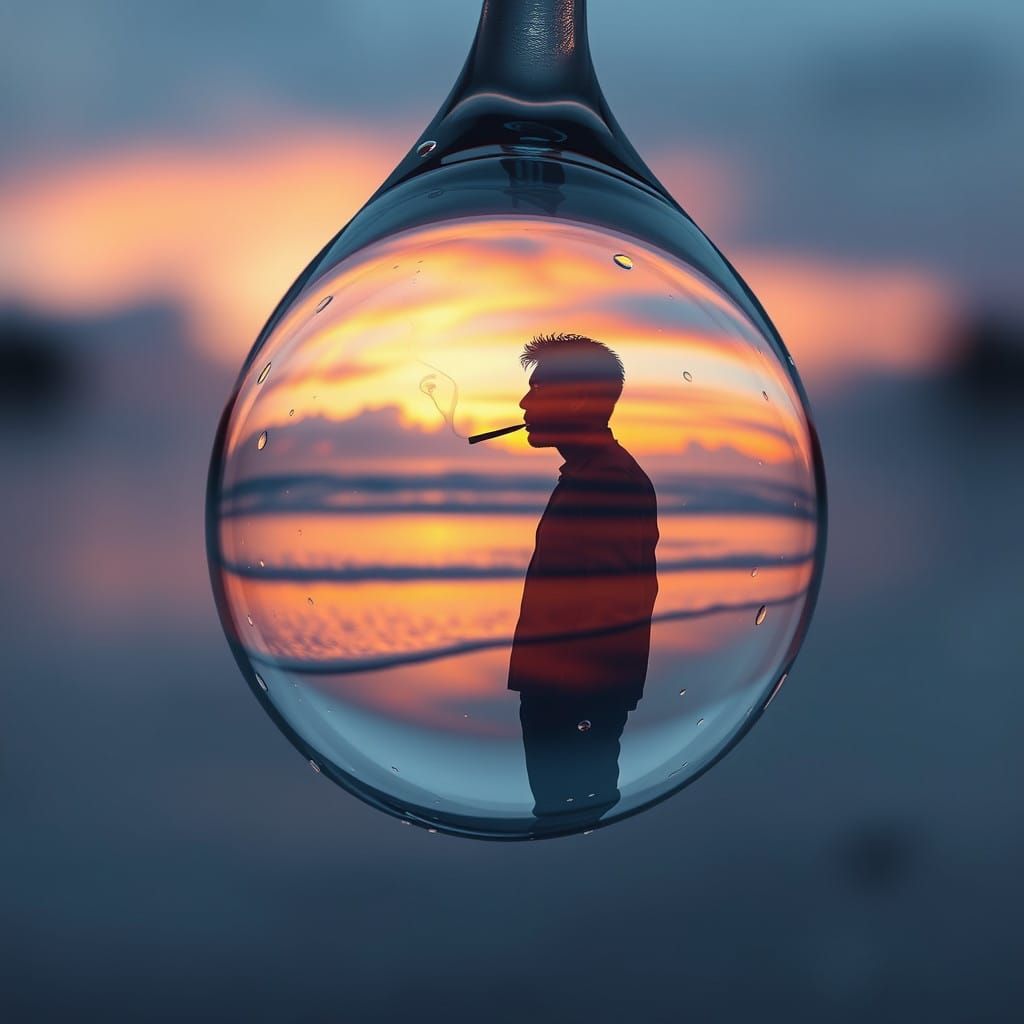 Hyper-Realistic Raindrop Silhouette in Surreal Beach Scene