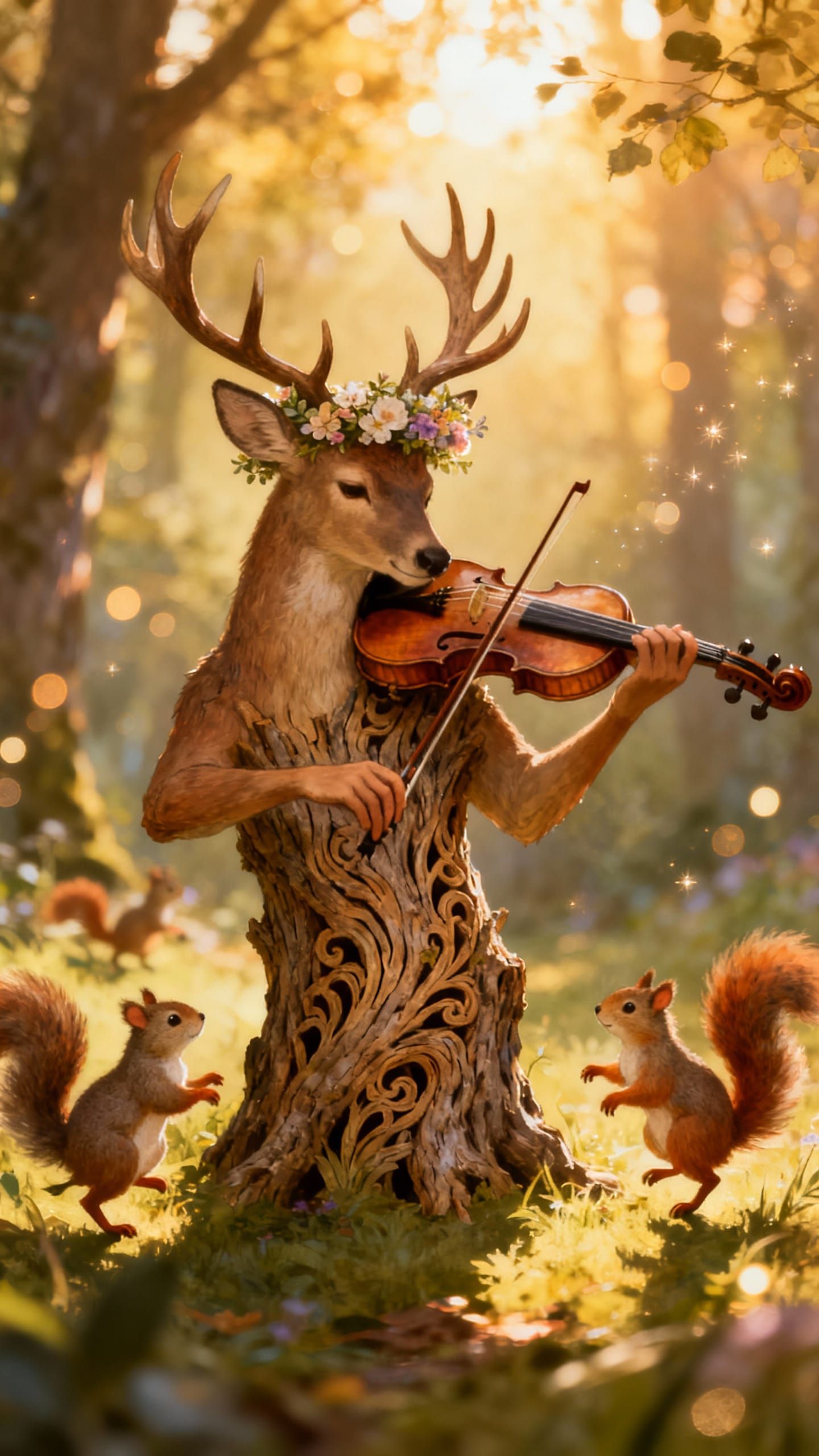 Deer Plays Violin in Enchanted Forest Clearing at Golden Hou...