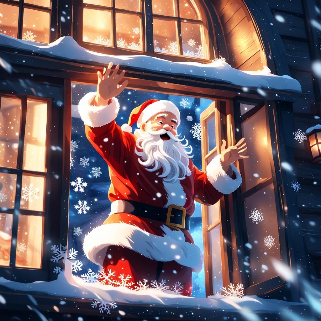 Santa Bursting Through Window: Anime-Inspired 3D Art