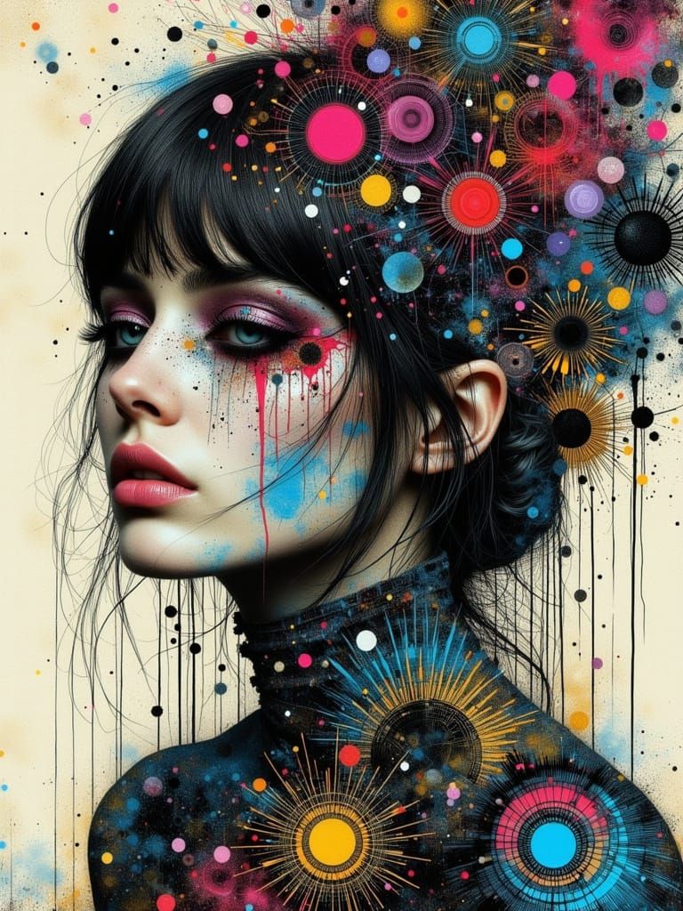 Gothic Griefcore Woman with Abstract Ink Drips