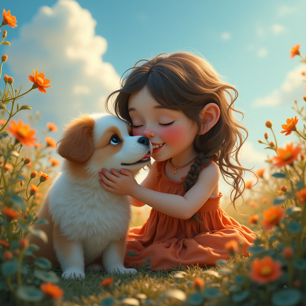 Girl Kisses Dog in Fantasy Matte Painting