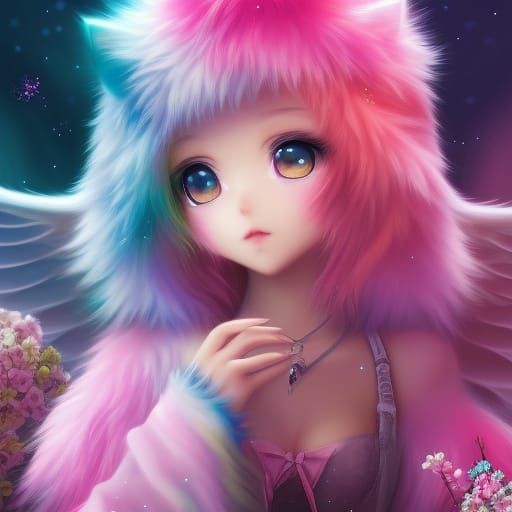Pastel Anime Neko Girl: Multicolored Furry Hybrid