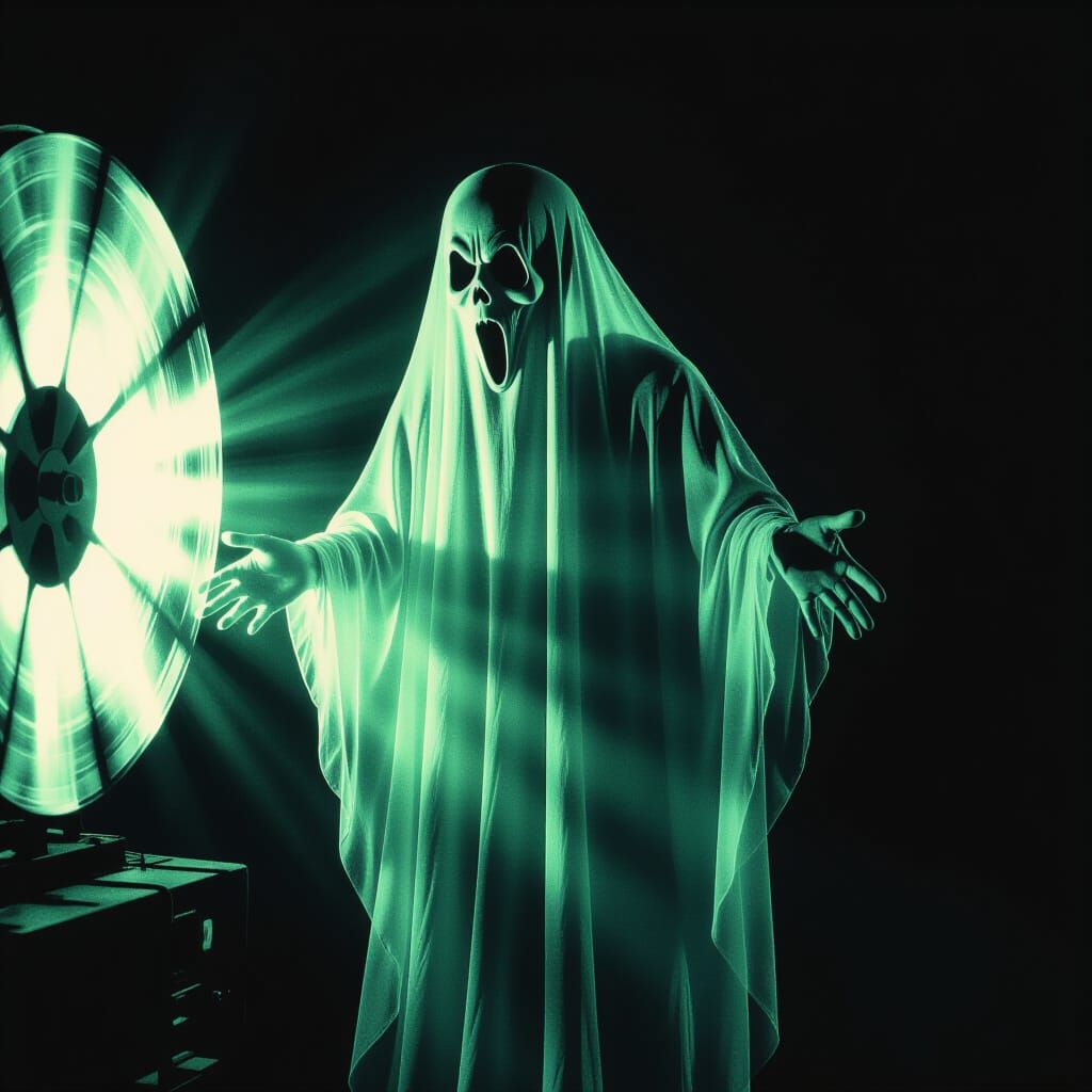 Ethereal Ghost Projection in Vintage Horror Style