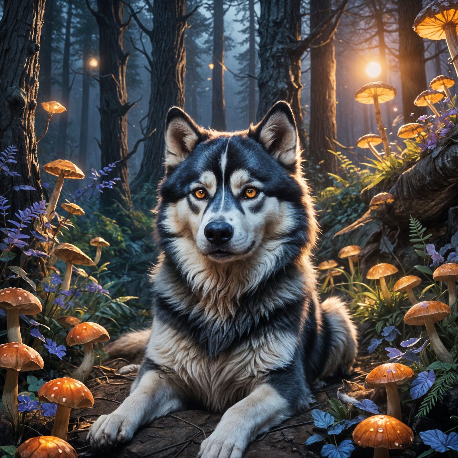 Detailed Nighttime Husky Dog Fantasy Art