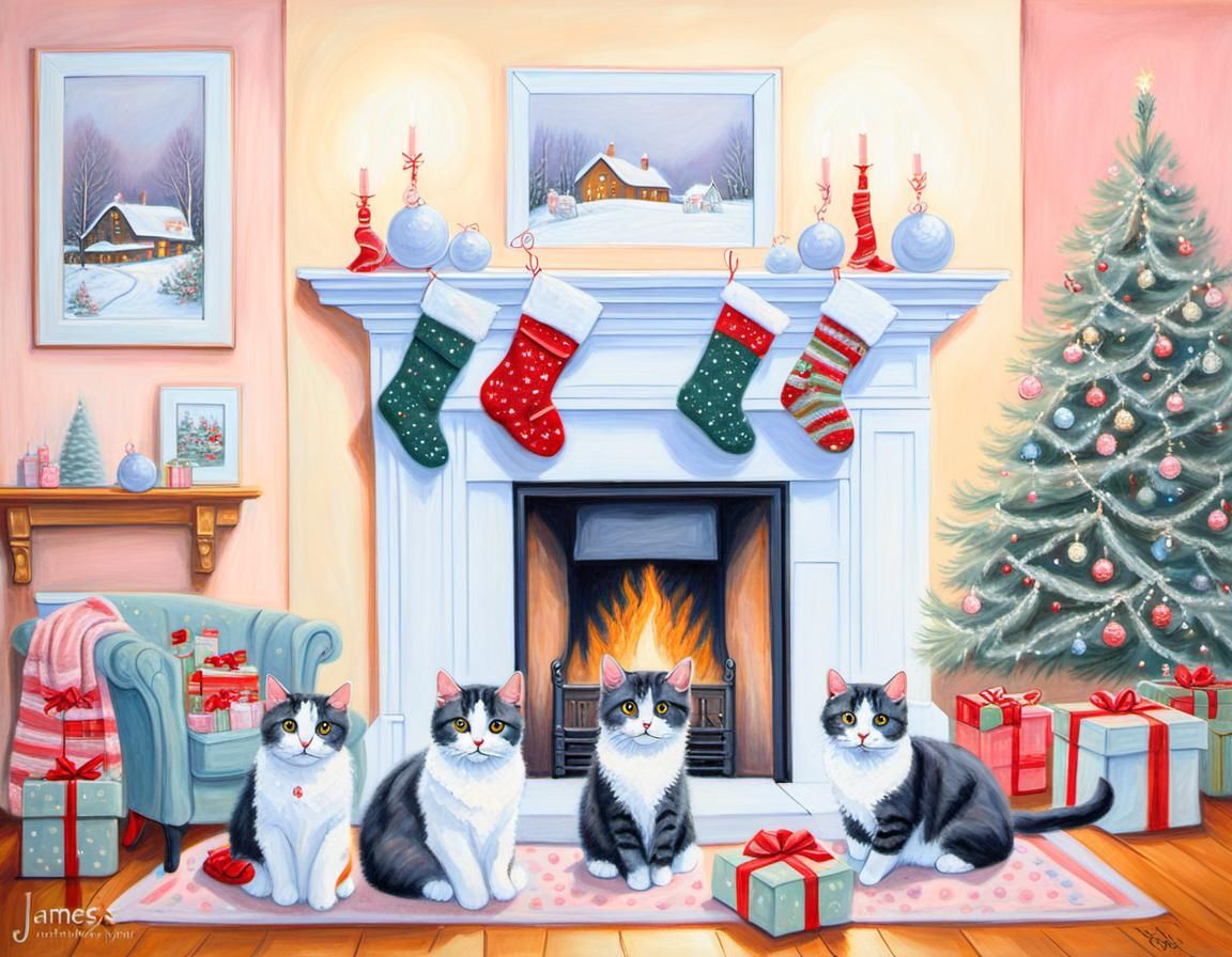 Cozy Christmas: Cat Family by Fireplace in Pastel Oil