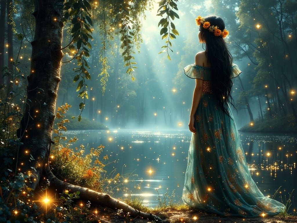 Mystical Spanish Woman in Ethereal Forest: Matte Painting