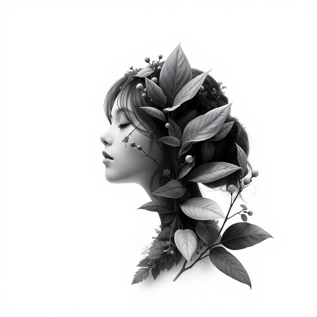 Ethereal Woman in Monochrome Botanical Harmony