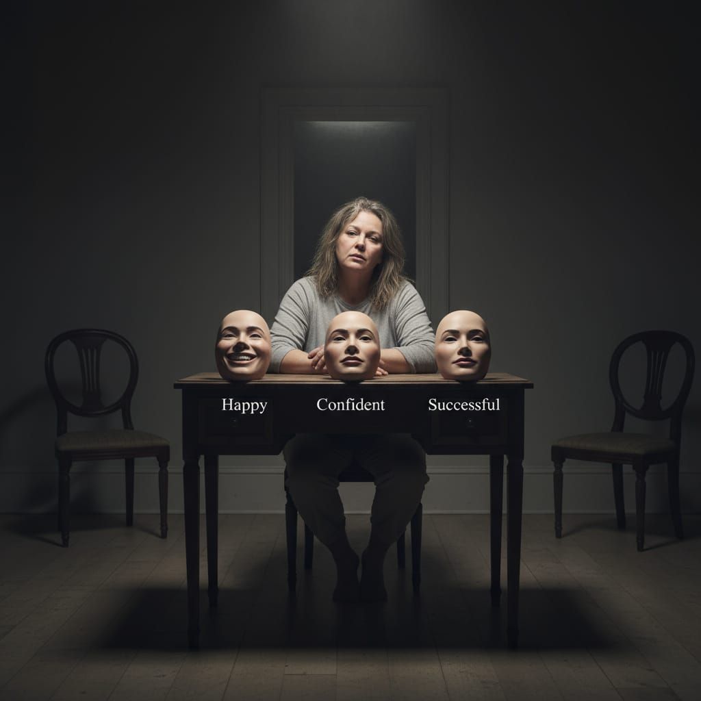 Woman Contemplates Identity with Mask Collection