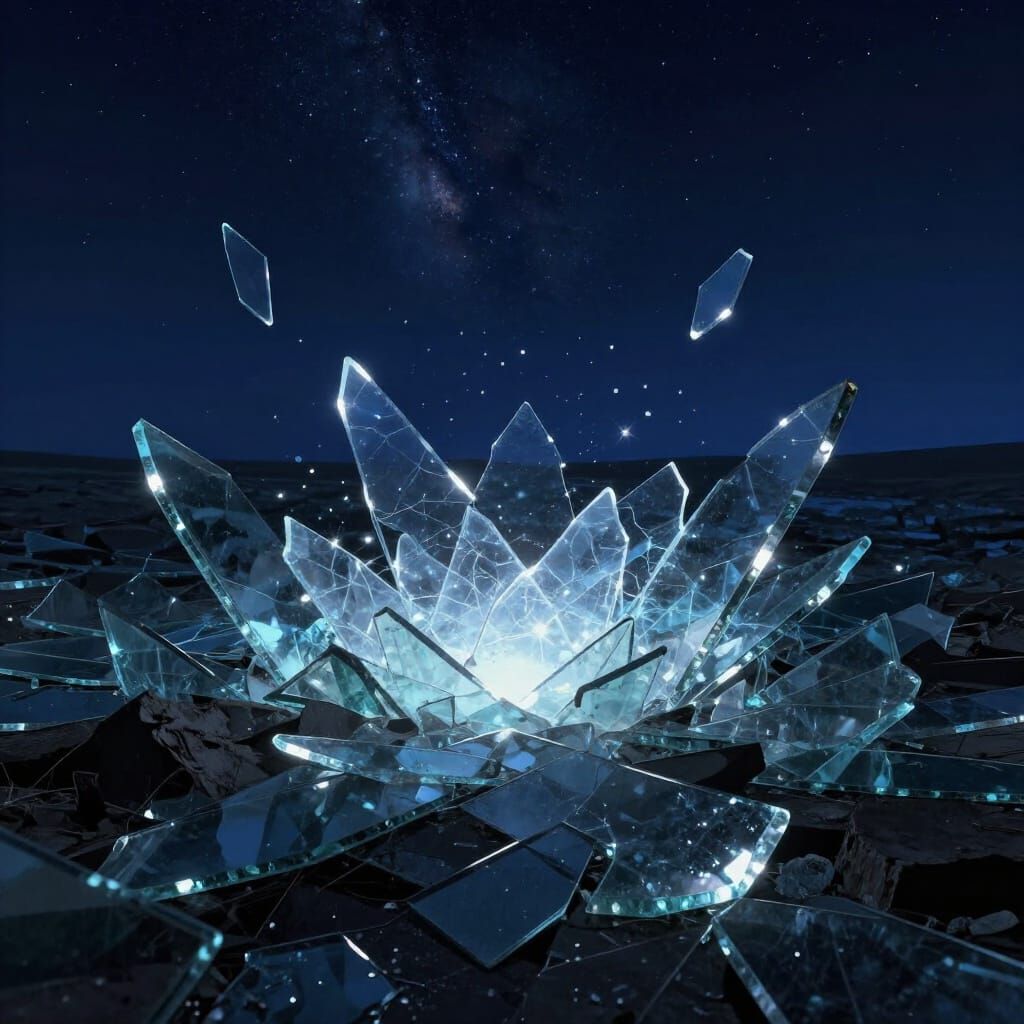 Surreal Shattered Glass Landscape Under Starry Night Sky