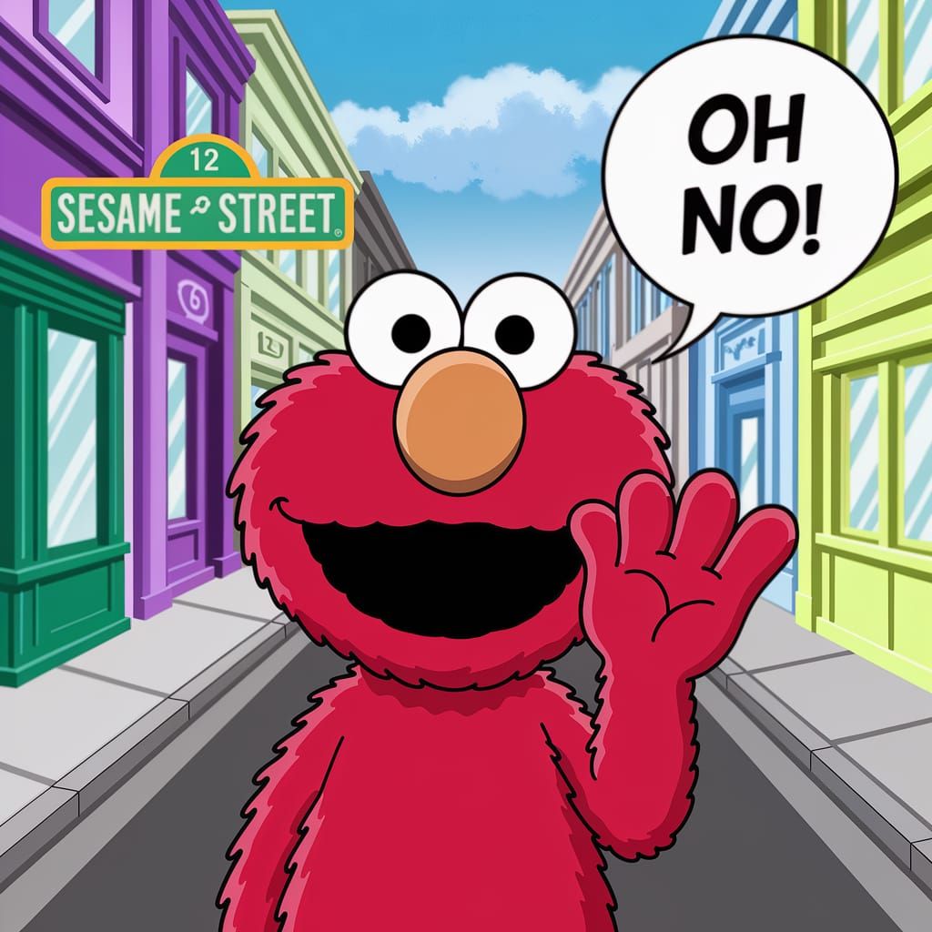 Alarmed Elmo Exclaims "OH NO" in Cartoon Style