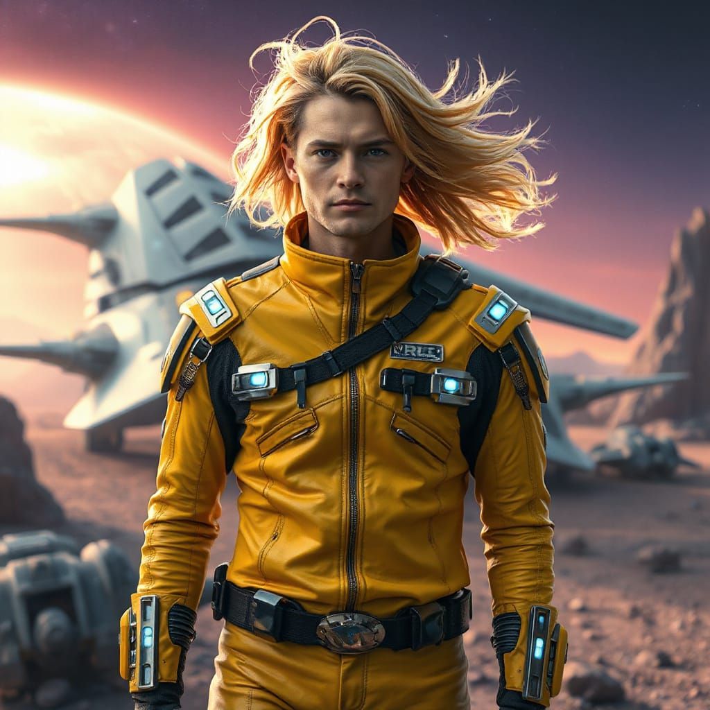 Confident Male Cyborg in Futuristic Landscape