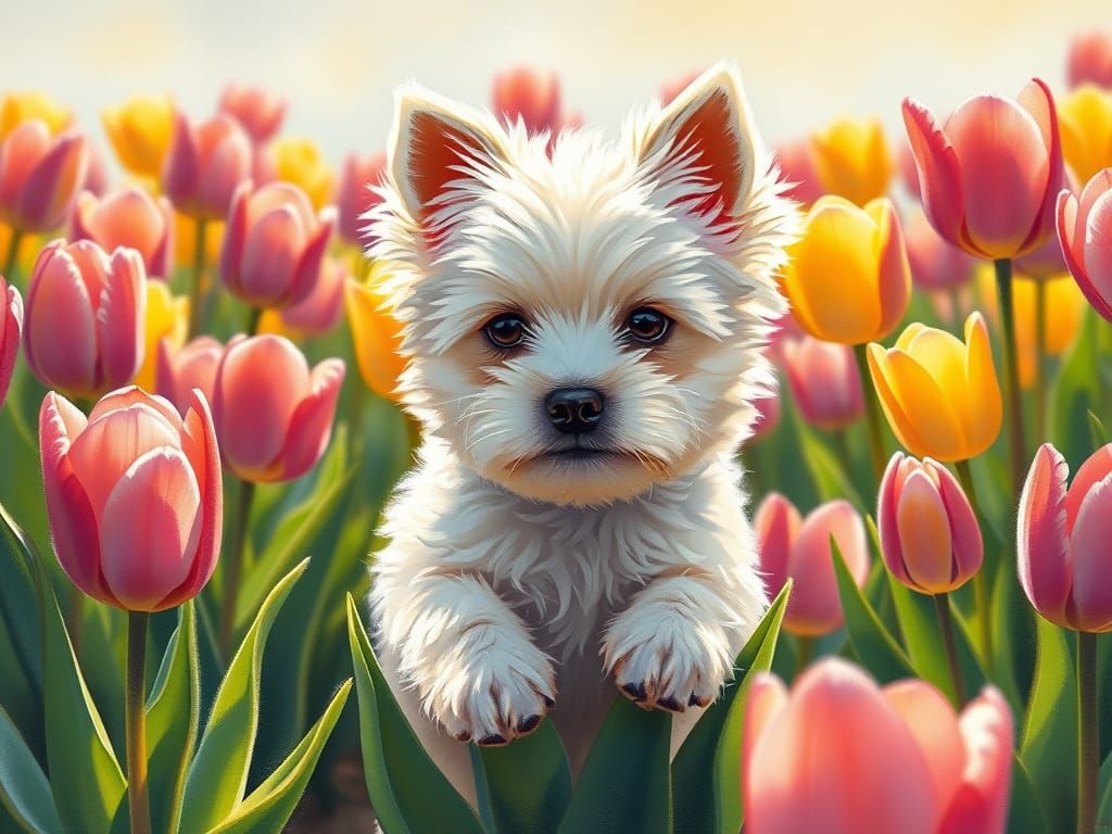 Maltese Terrier in Tulips