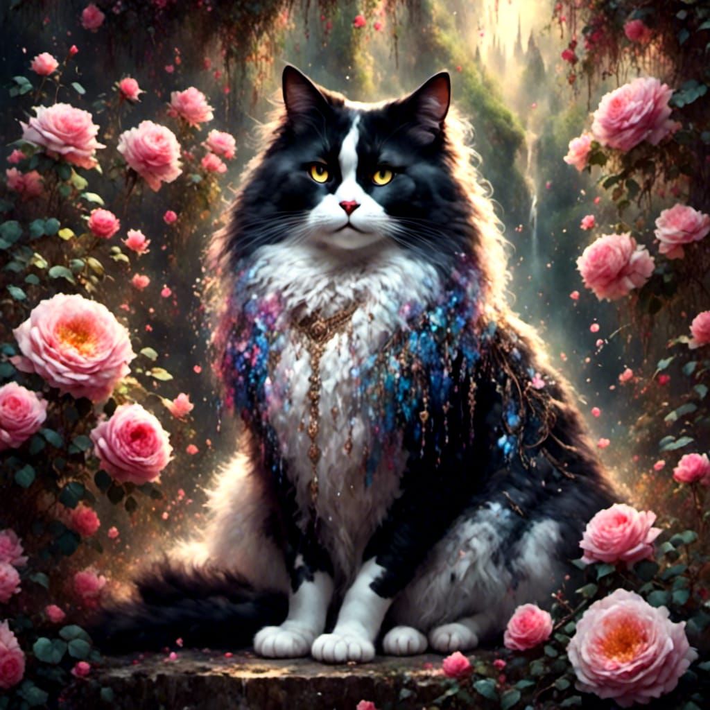 Elegant Cat Under Rose Bush in Sketch Style