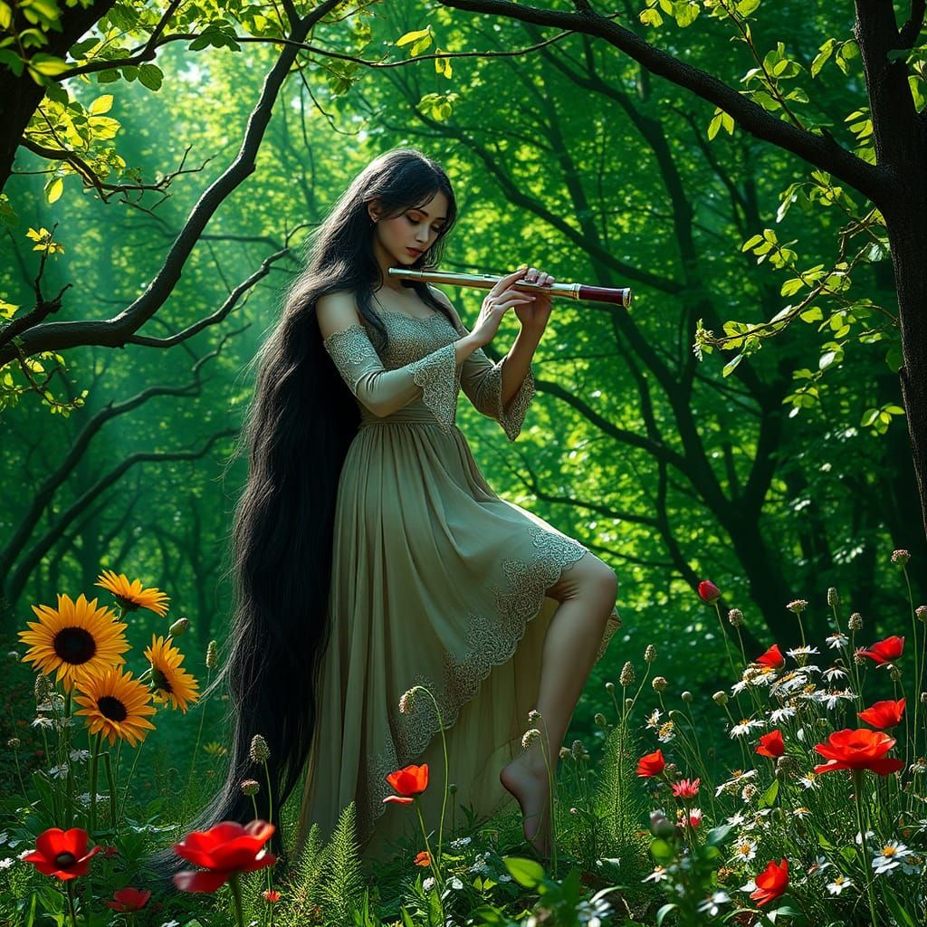 A serene female centaur with raven-hued hair cascading down her back like a waterfall of night, and an elegant, svelte p...