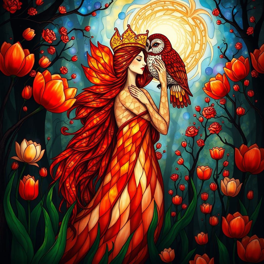 Goddess of Tulips and Owls in a Dreamlike Forest