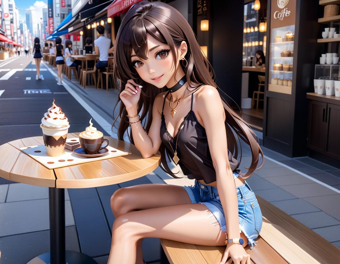 Chibi Anime Girl Enjoying Coffee in Shibuya