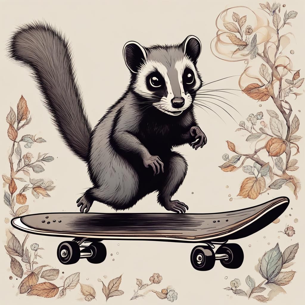 Polecat and Squirrel Skateboard Chase: Dreamy Art