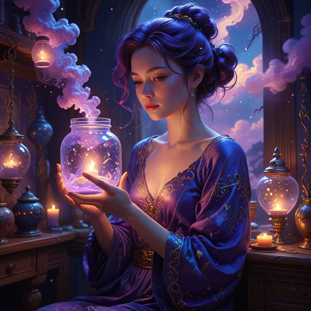 Mystical Woman with Glowing Jar: Fantasy Art