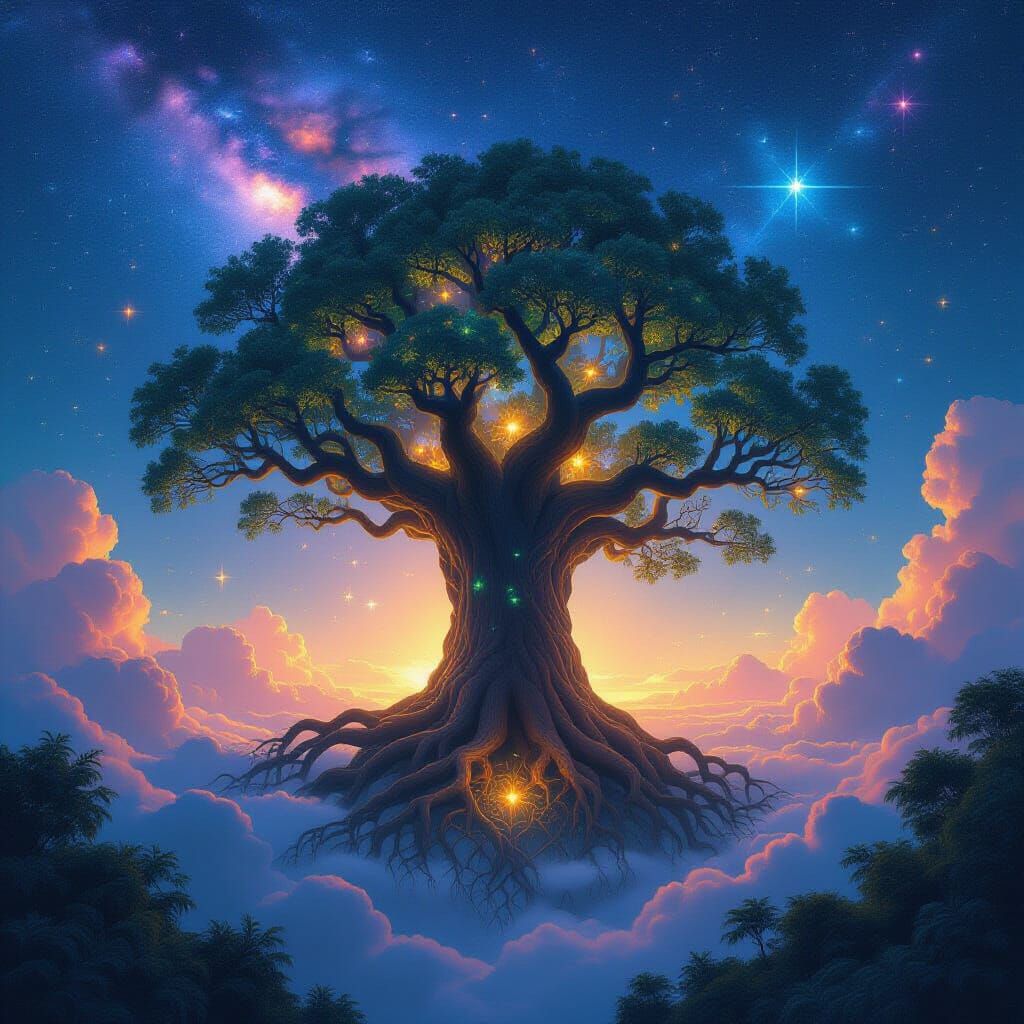 Ancient Tree Ecosystem in Nebula Sky