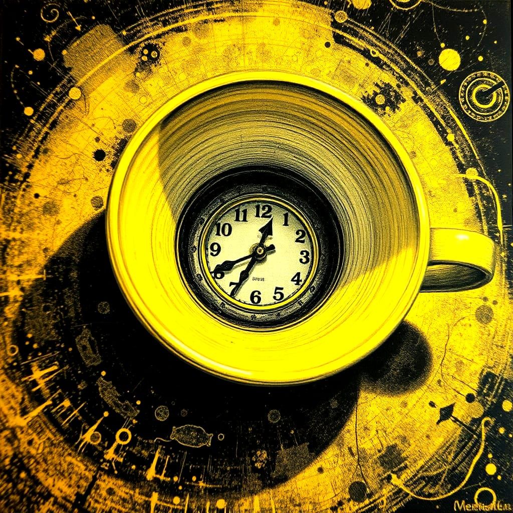 Surreal Teatime Scene in Scratch Paper Etching Style