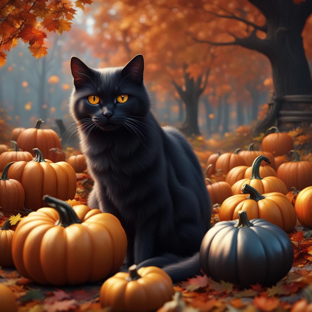 Cats Celebrate Halloween and Autumn in Digital Art