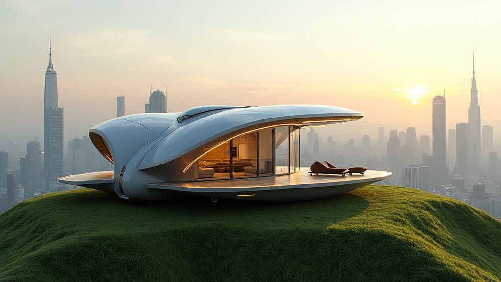 Sleek Futuristic Mobile Home with Panoramic City Views