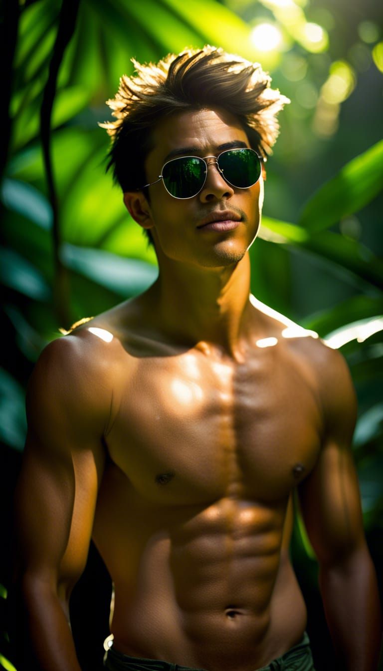 Shirtless Man in Jungle with Dreamlike Lighting