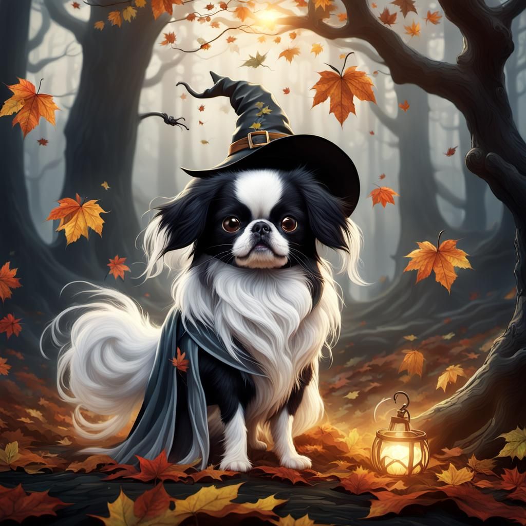 Japanese Chin Witch in Spooky Autumn Forest