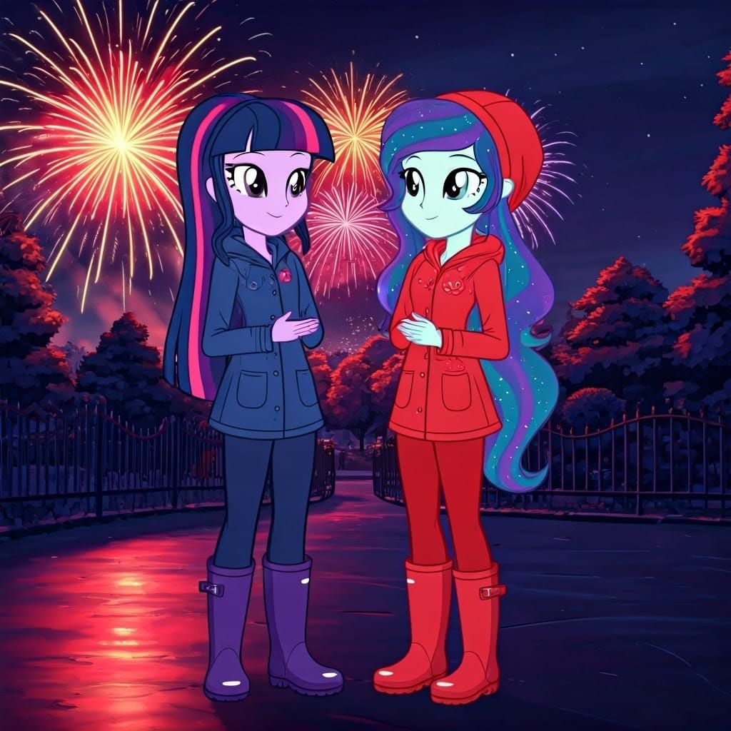 Colorful Fireworks Display with Two Cheerful Friends